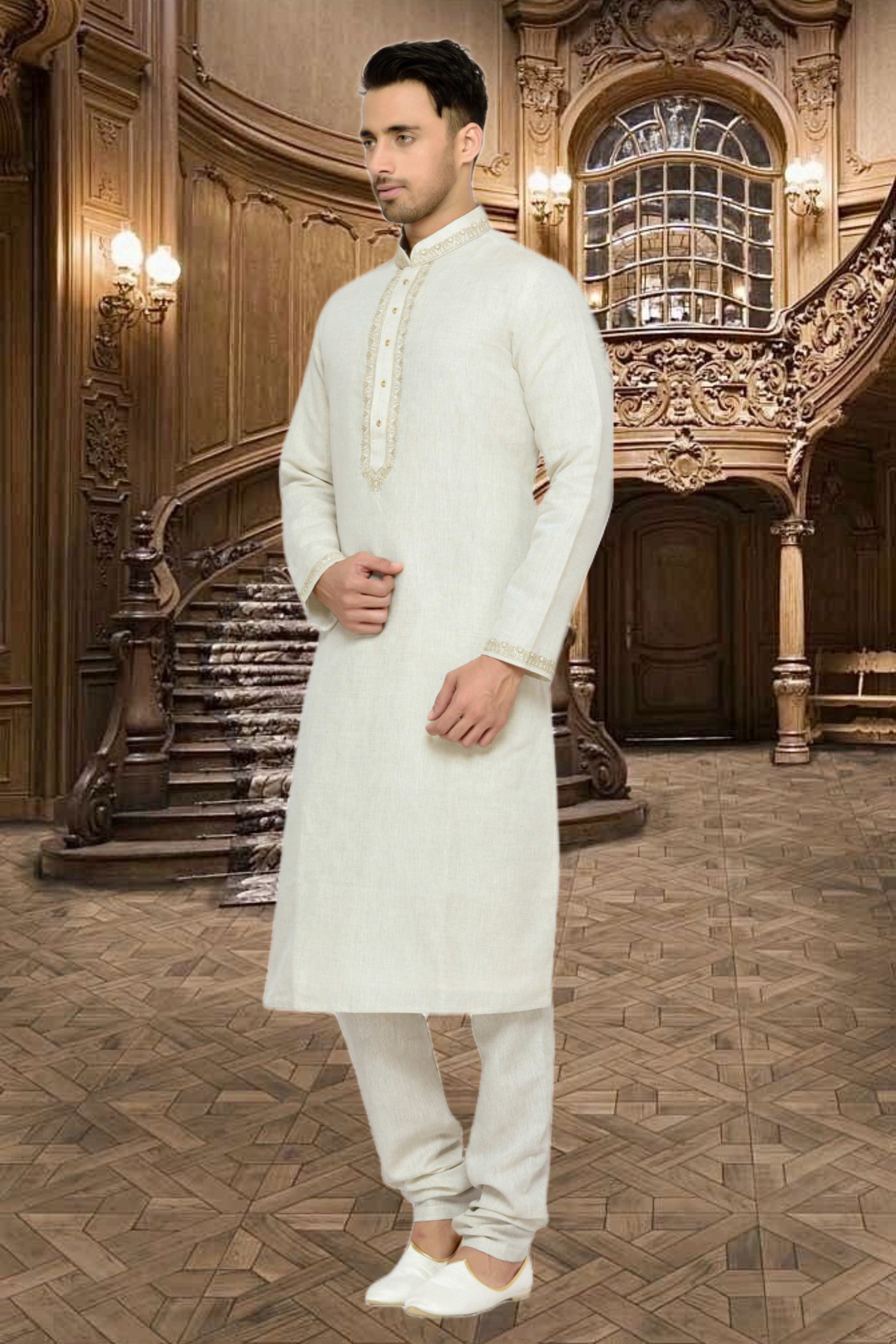 Men's Cotton Printed Work Kurta Pajama In Orange Colour