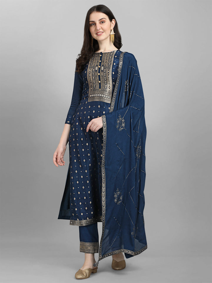 Blue Jacquard Kurta Suit Set by Qivii