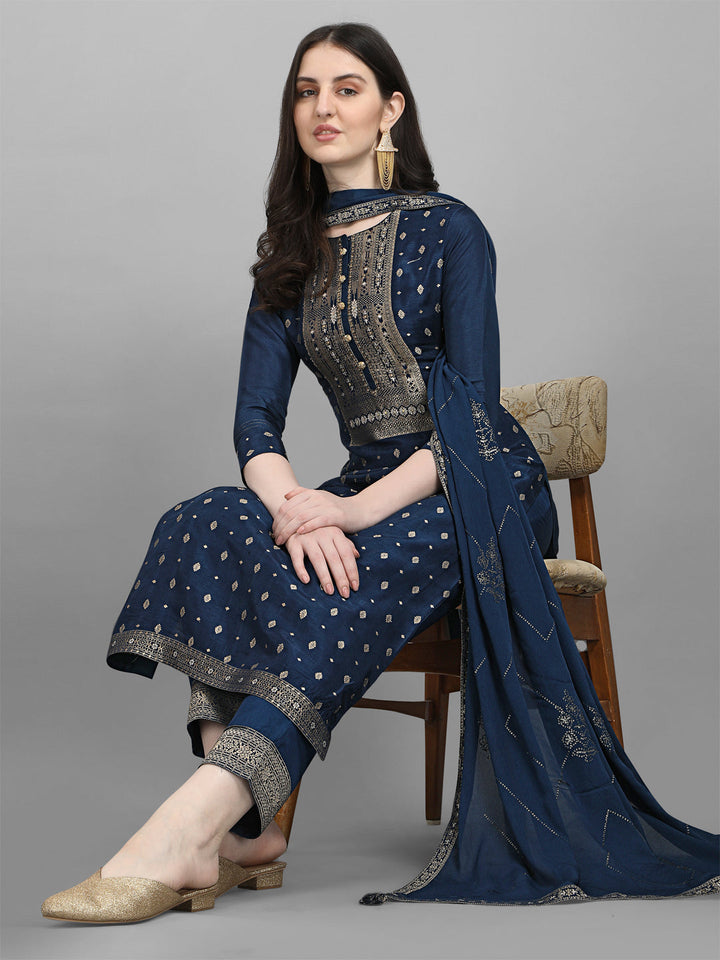 Blue Jacquard Kurta Suit Set by Qivii