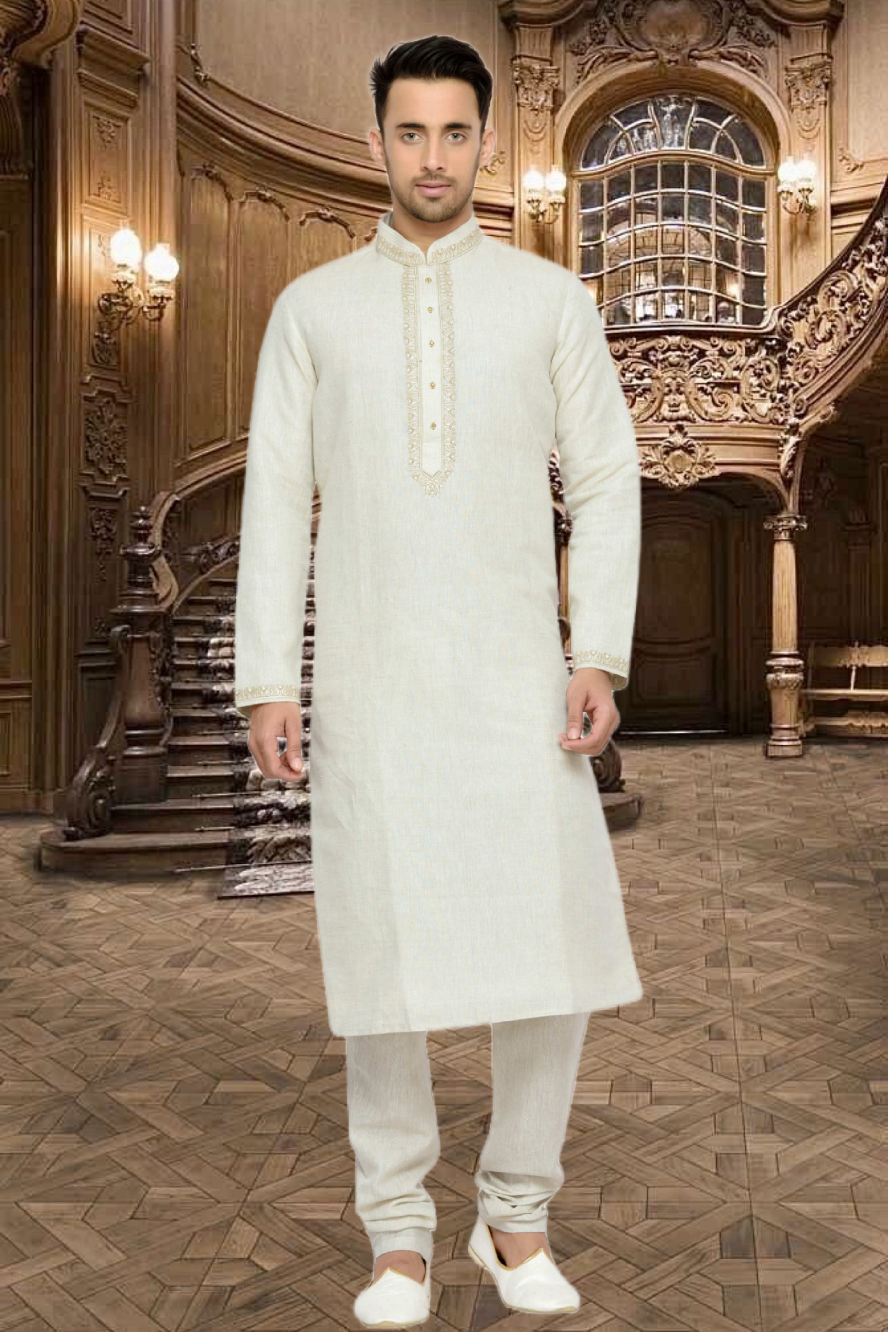 Men's Cotton Printed Work Kurta Pajama In Orange Colour