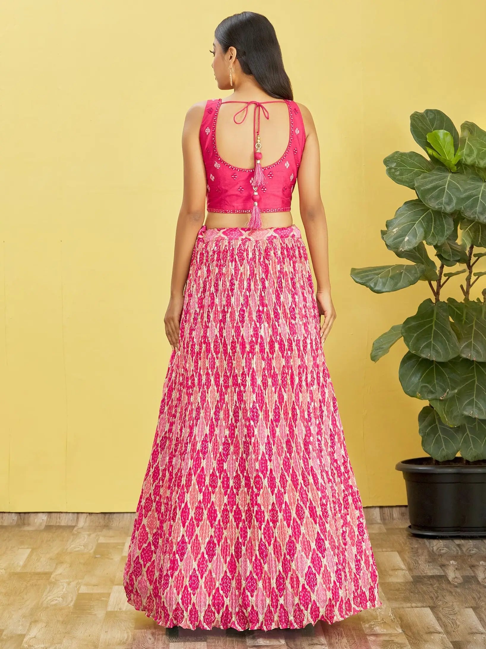 Dark Pink Lehenga With Digital Print And Thread Zari Sequins Embroidery Real Mirror Work | Ready To Wear - qivii