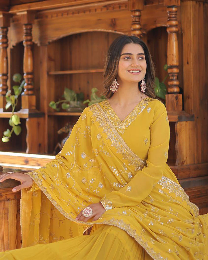 Yellow Color Faux Georgette Designer Anarkali Gown With Dupatta  - By Qivii