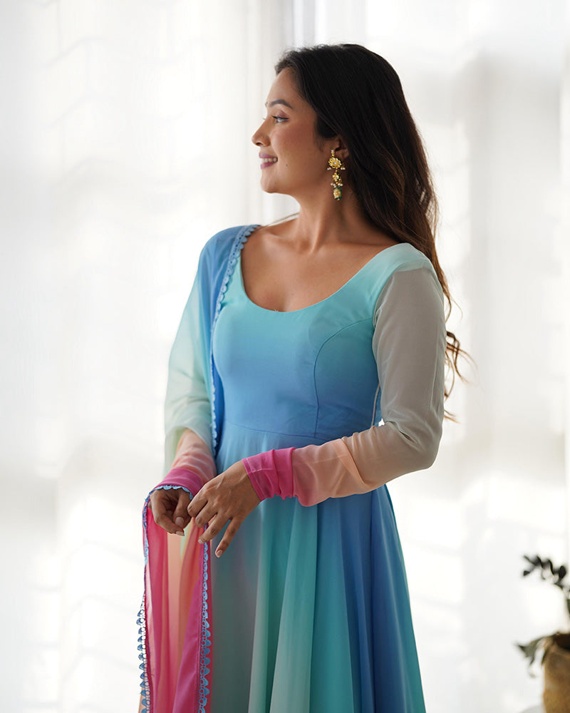 Beautiful Multi Color Georgette Three Piece Anarkali Suit  - By Qivii