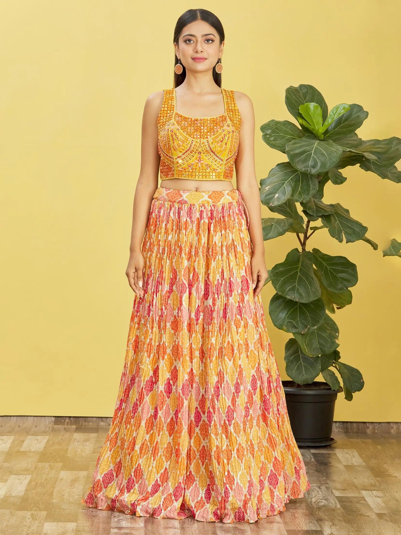 Yellow Lehenga With Digital Print And Thread Zari Sequins Embroidery Real Mirror Work | Ready To Wear - qivii