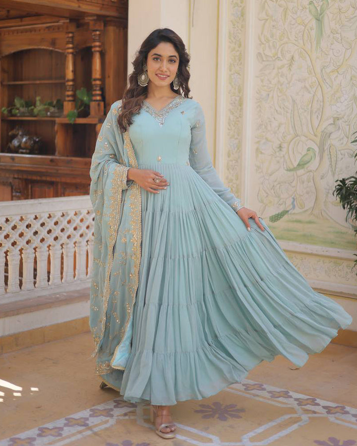 Sky Color Faux Georgette Designer Anarkali Gown With Dupatta  - By Qivii