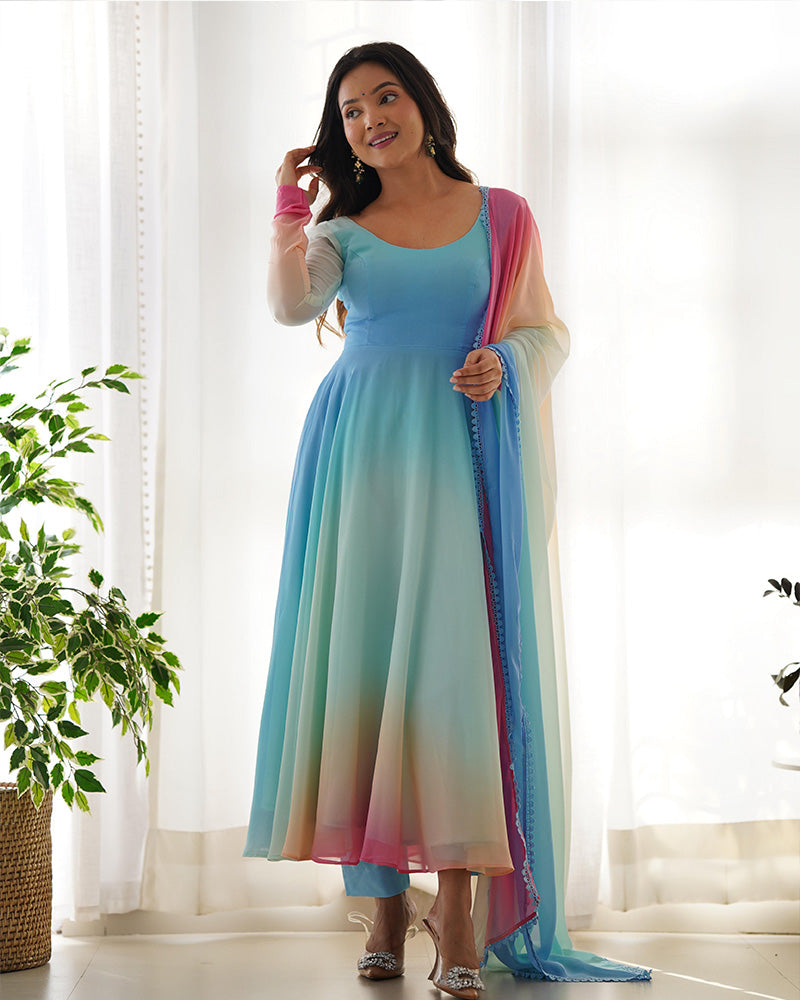 Beautiful Multi Color Georgette Three Piece Anarkali Suit  - By Qivii