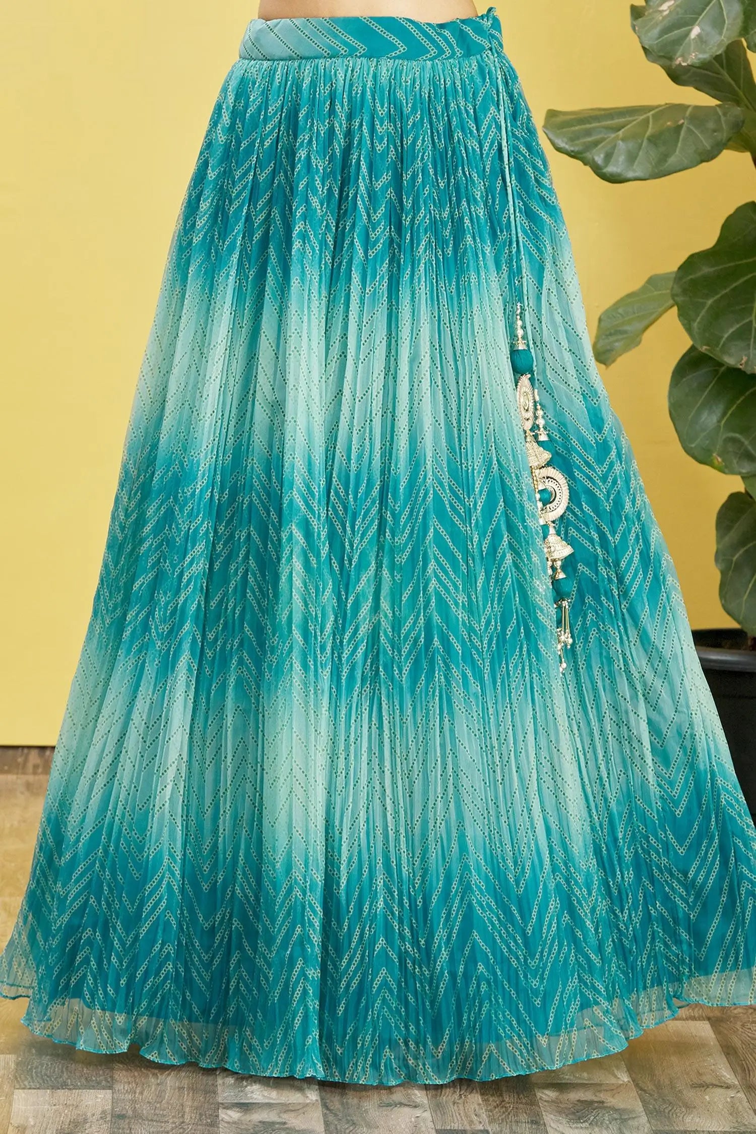 Deep Sea Green Lehenga With Digital Print And Sequins Embroidery With Real Mirror Work | Ready To Wear - qivii