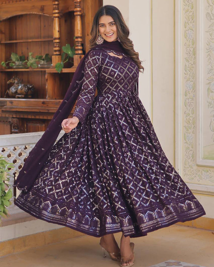 Wine Color Designer Anarkali Gown With Dupatta  - By Qivii