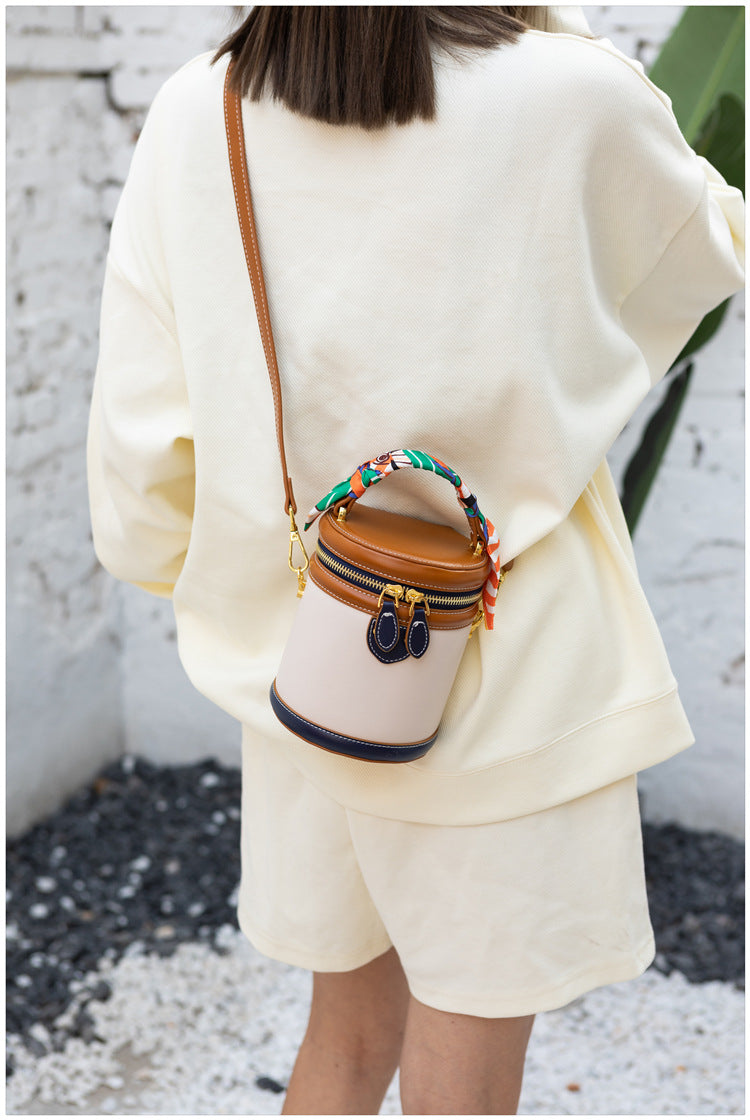 Women's Retro Color-Block Barrel Bag – Mini Cylinder Cosmetic Case with Detachable Silk Scarf & Chain Strap