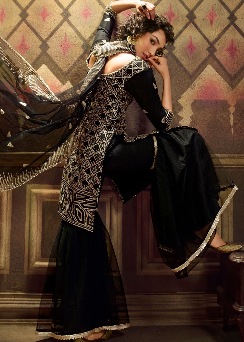 Midnight Black Designer Soft Net Sharara Suit with overall Sequins work - qivii