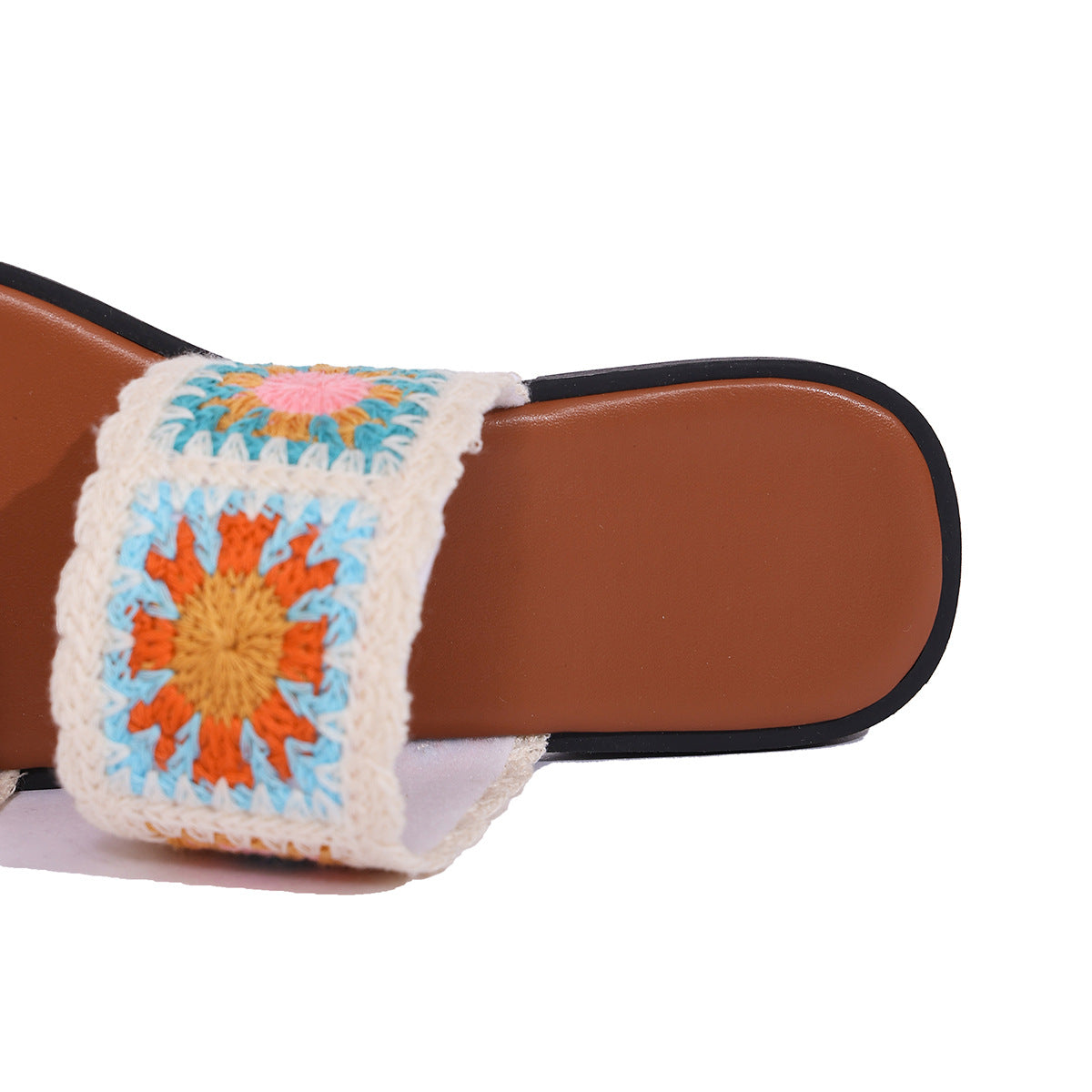 Women’s SunBloom Knit Flat Slides – Square-Toe Boho Embroidered Sandals (US 5–10)