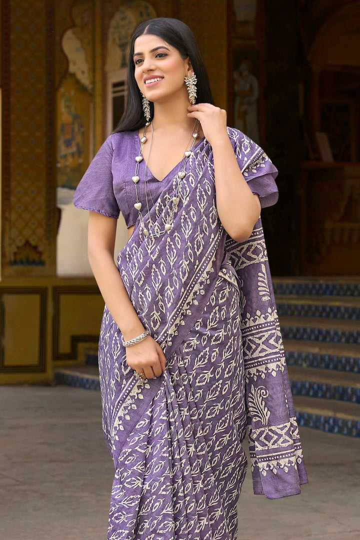 Glossy Grape Purple Handblock Printed Saree