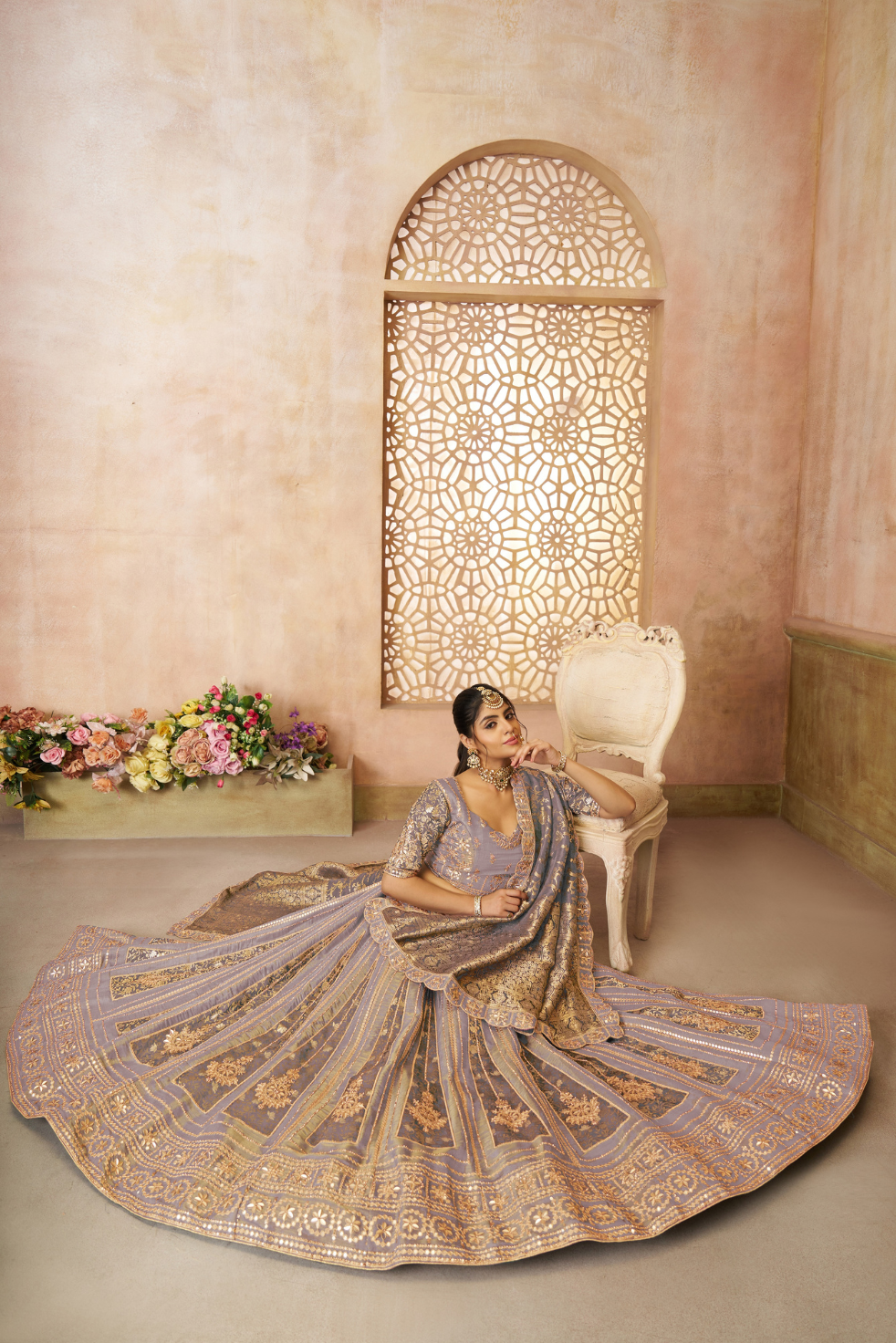 Onion Brocade Bridal Lehenga with Banarasi Patches and Zari Panel Work - qivii