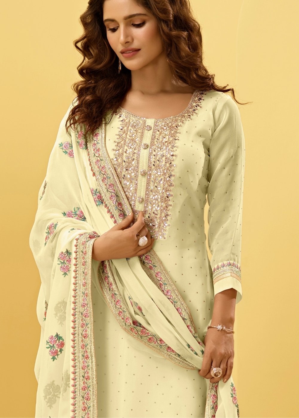 Light Yellow Georgette Salwar Suit with Thread, Zari & Cording Embroidery work - qivii
