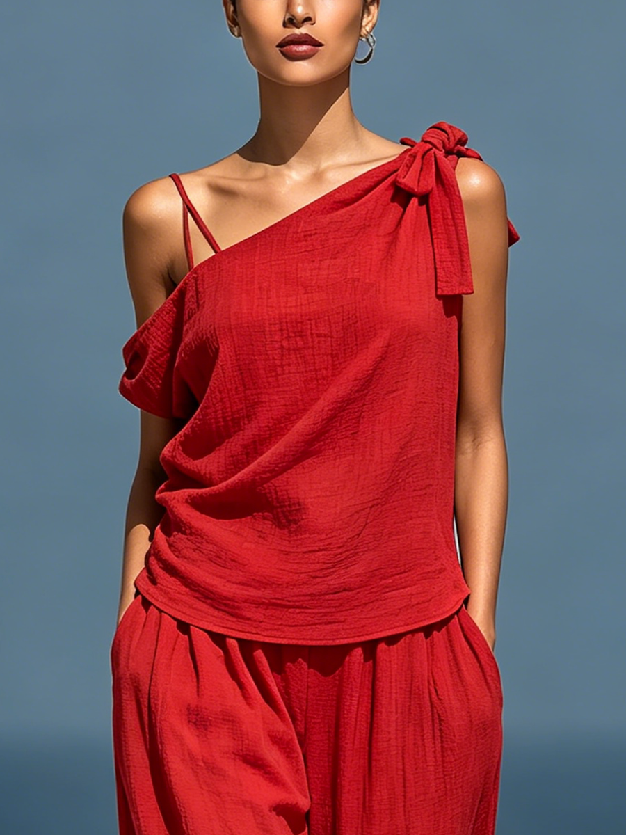 Women’s RedTwo-Piece Set: Asymmetrical One-Shoulder Top (Without Neck Scarf) & Wide-Leg Pants With Pockets MDZ2201D4T