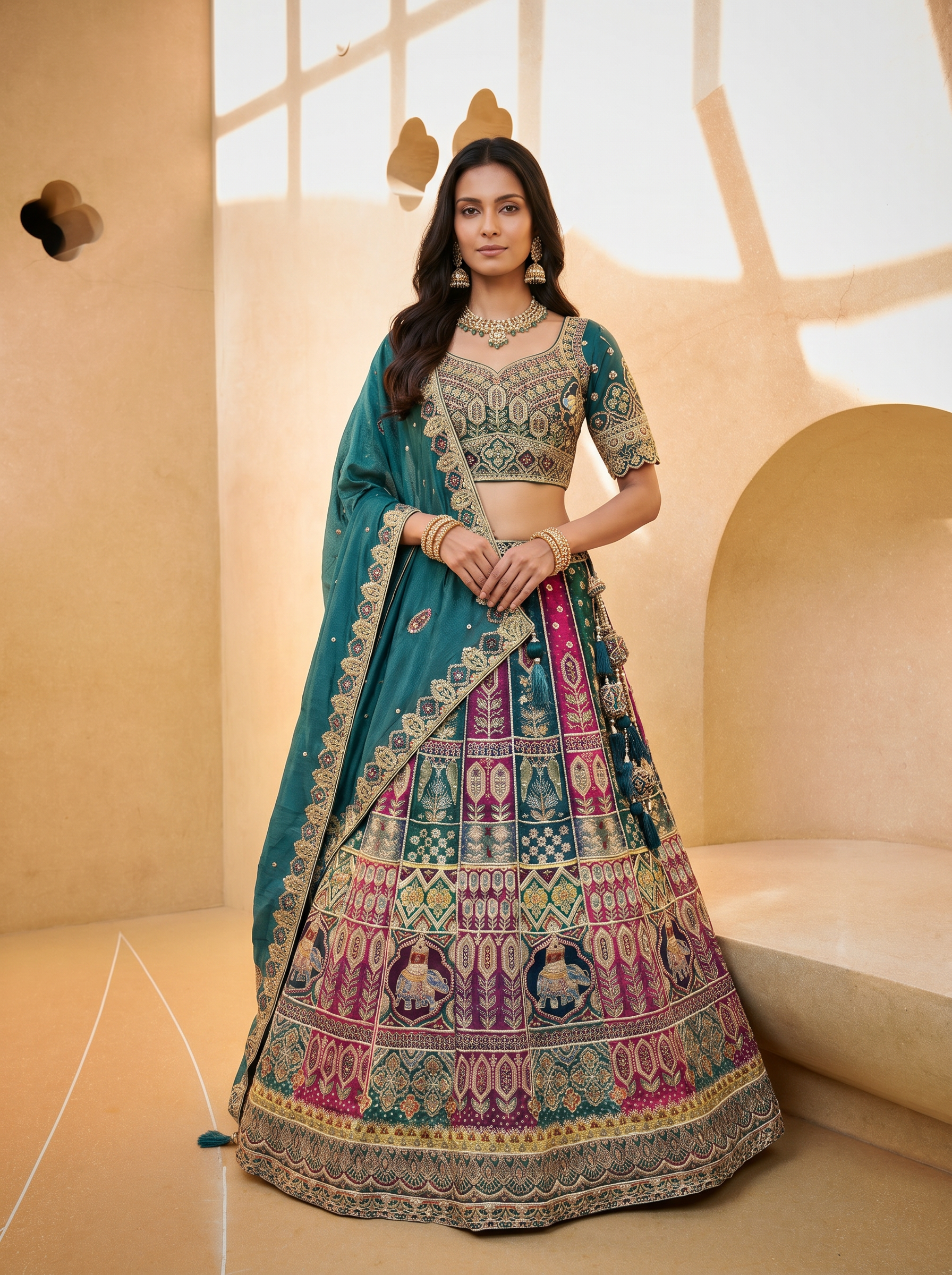 Teal - Position Print Georgette Golden Embroidered Work Ready to Wear Lehenga Choli