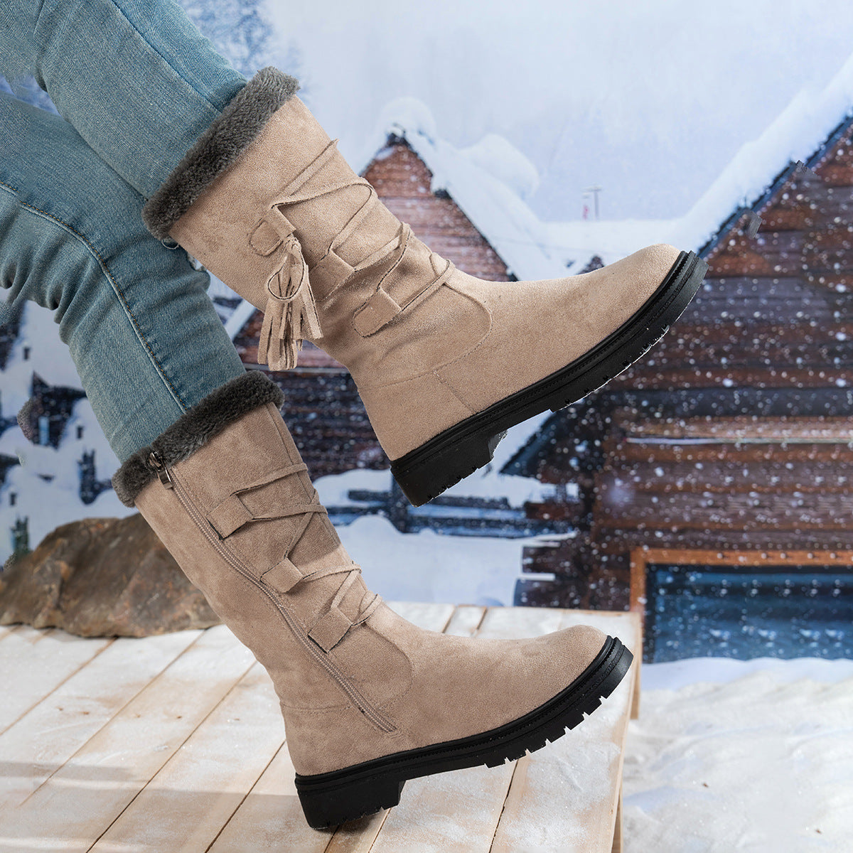 Women's Marlowe Fleece-Lined Mid-Calf Snow Boots - Lace-Up Winter Boots with Side Zip & Faux Fur Trim (US 5-10.5)