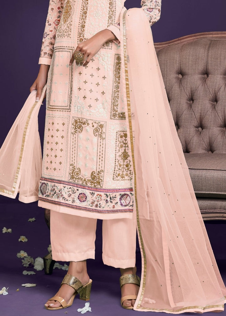 Lemonade Pink Georgette Salwar Suit with Thread, Zari & Sequence work By Qivii