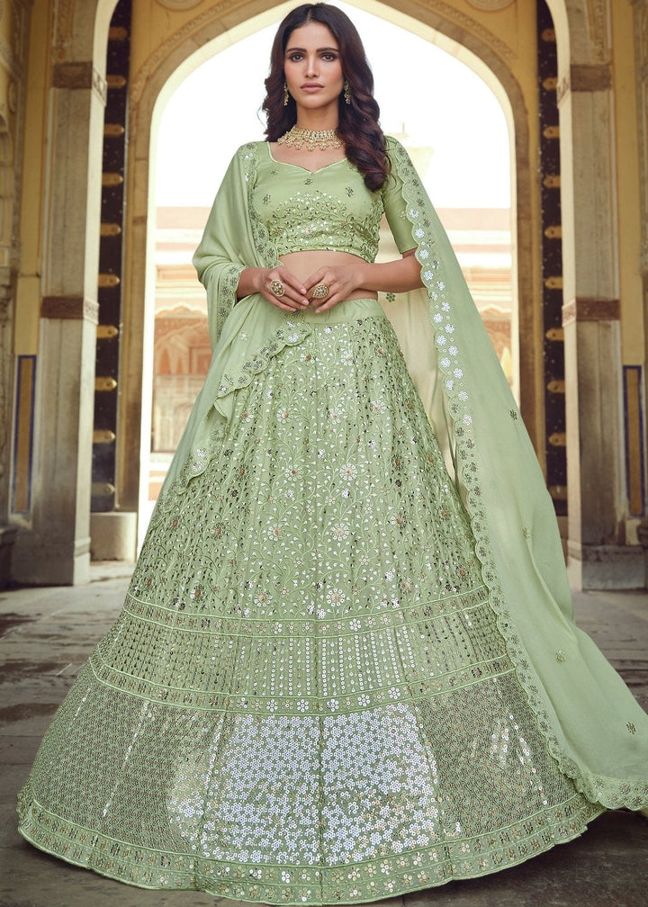 Mint Green Georgette Lehenga Choli with Sequins & Thread work