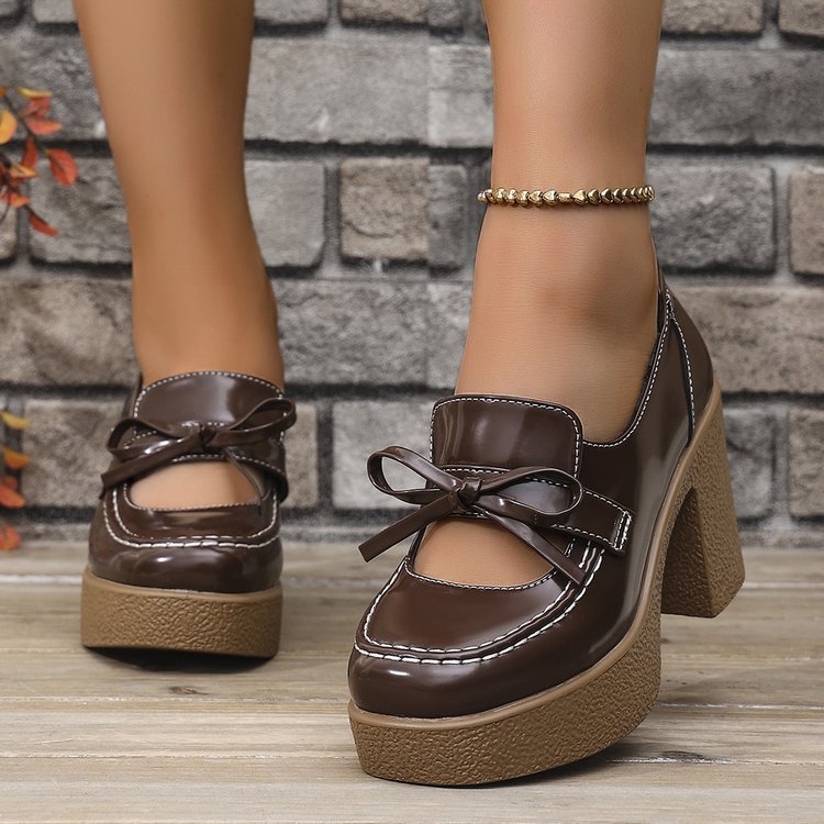 Women's Lillian Textured Sole Bow Mary Jane Platform Heels - Chunky Block Heel Shoes (US 5-10.5)