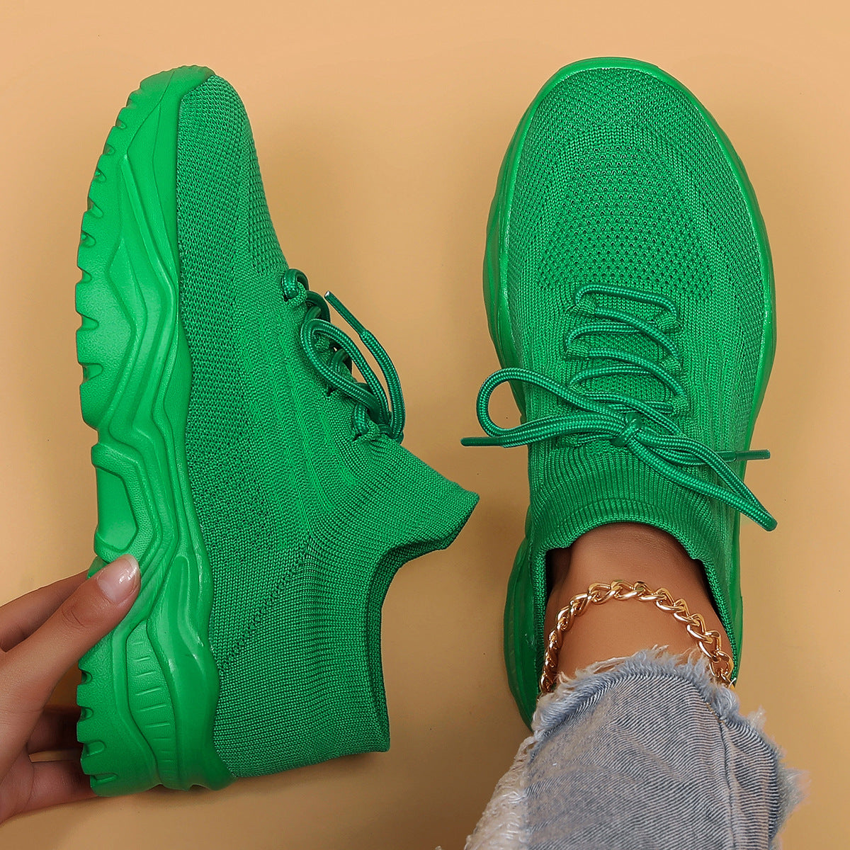 Women's Nyvelle Knit Sock Sneakers - Breathable Lace-Up Mesh Shoes with Chunky Ridged Sole (US 4-11)