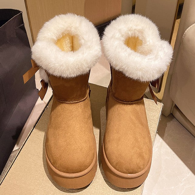 Women's Bow-Knit Cozy Winter Boots - Shearling Lined Chunky Platform Snow Boots (US 5-9.5)