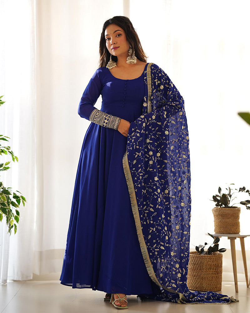 Royal Blue Color Soft Georgette With Heavy Embroidery Work Dupatta Anarkali Suit  - By Qivii