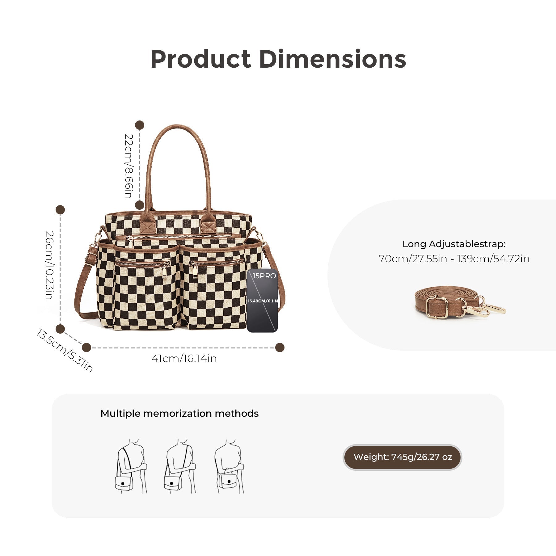 Ounamei Large Checkered Tote Bag for Women | Multi-Pocket Crossbody Shoulder Handbag for Work & Daily Use