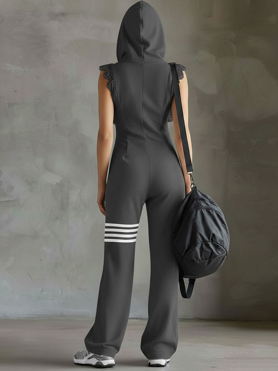 Giada | Retro Sports Jumpsuit with Hood and Stripes by Qivii
