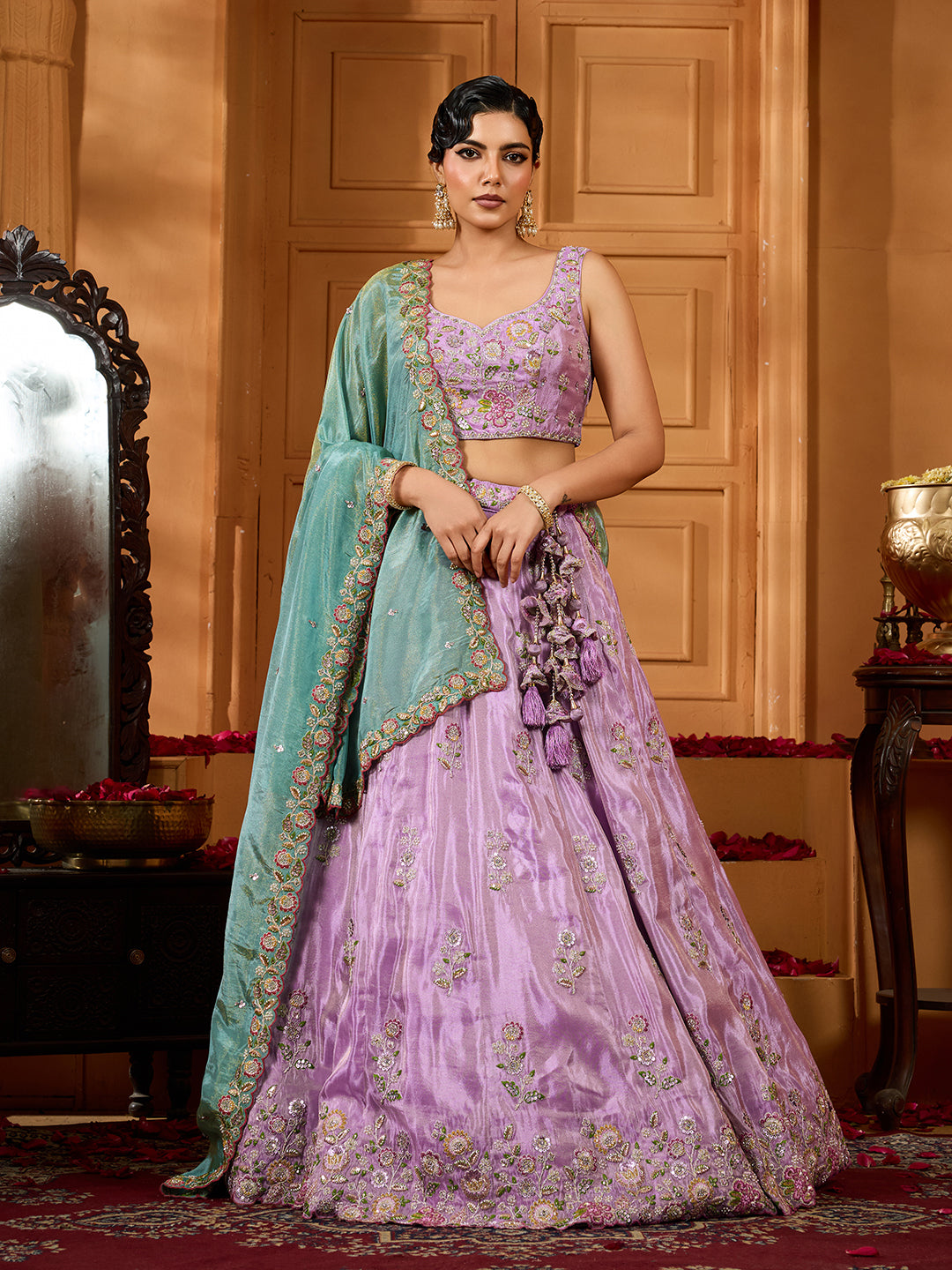 Lavender- Satin Silk Fabric Sequins embroidery Semi-Stitched Lehenga & Unstitched Blouse With Dupatta - qivii