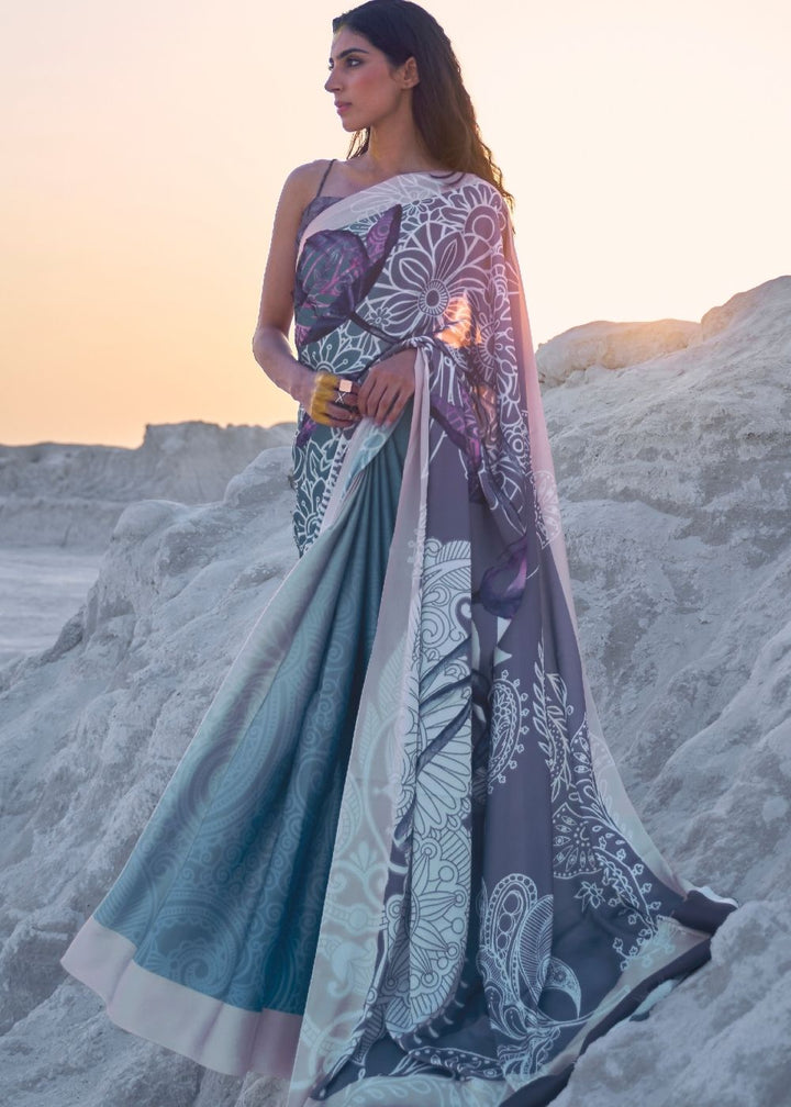 Cerulean blue and violet digital printed crepe silk saree with floral patterns