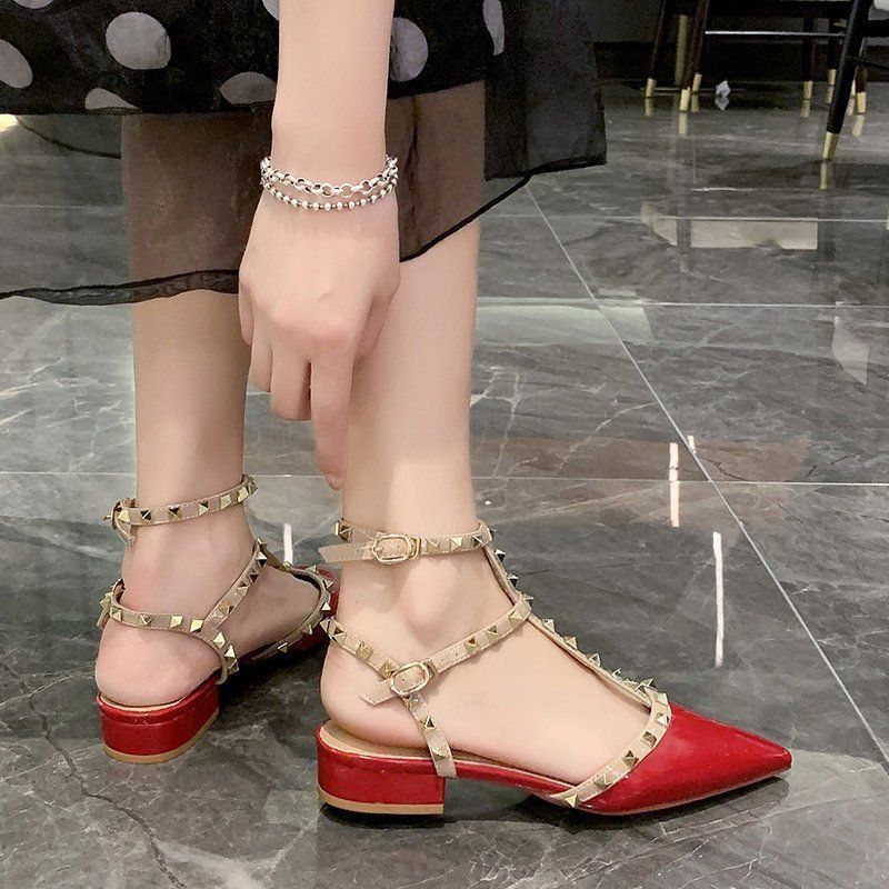 Women’s Studded Pointed Toe Low Heels – Chunky Rivet Sandals (US 4–8.5)