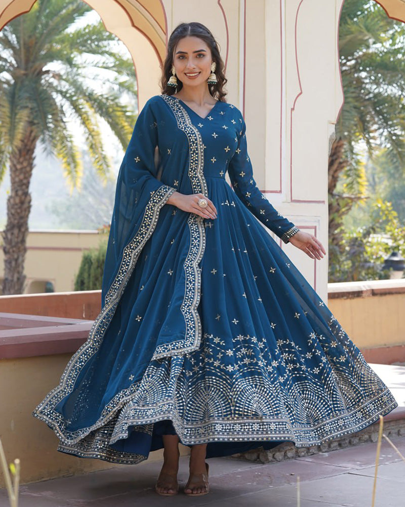 Rama Color Full Flair Anarkali Gown With Embroidered Dupatta  - By Qivii