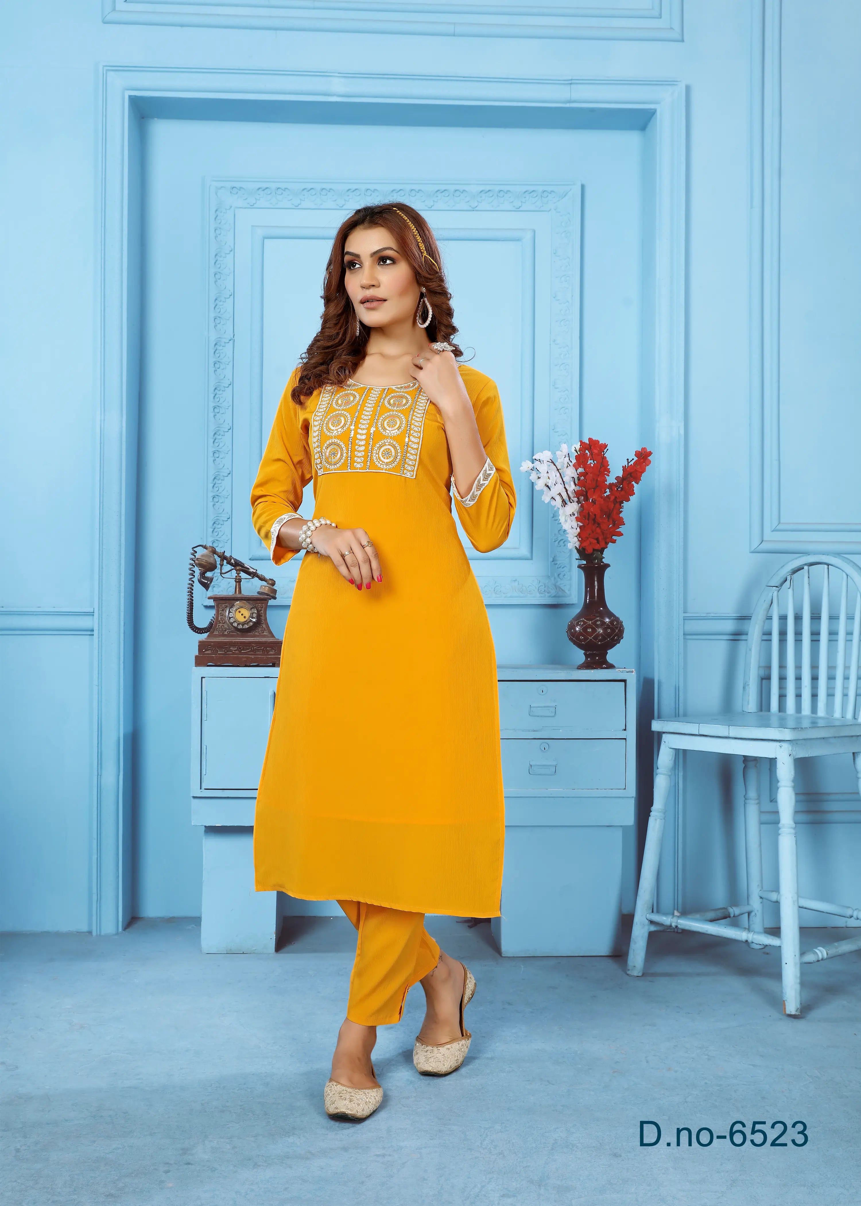 Yellow Kurta Set With Embroidery Work - qivii