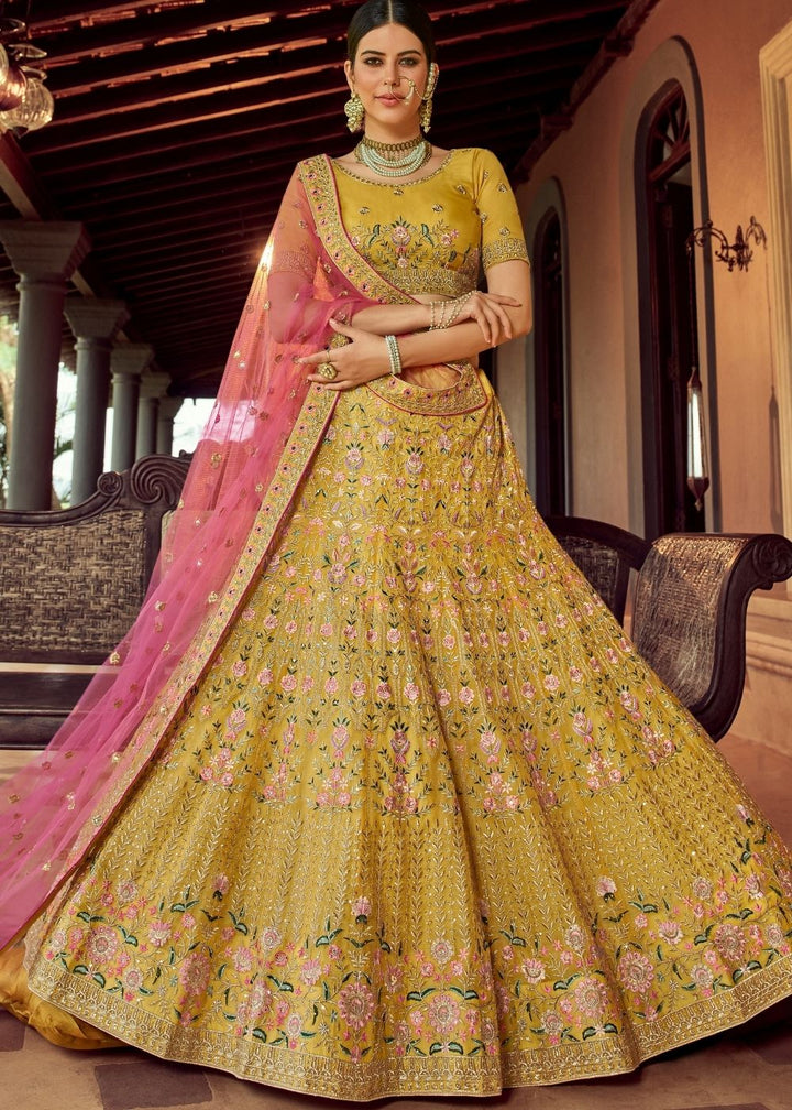 Canary Yellow Organza Lehenga Choli with Resham & Zari work