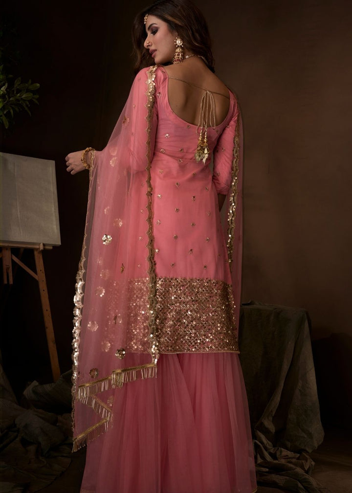 Coral Pink Designer Soft Net Sharara Suit with Sequin, Thread and Dori work By Qivii