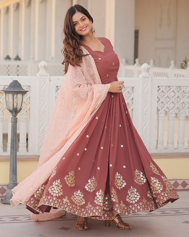 Chocolate Color Full Floor Length Anarkali Gown With Sequence Embroidery Dupatta  - By Qivii