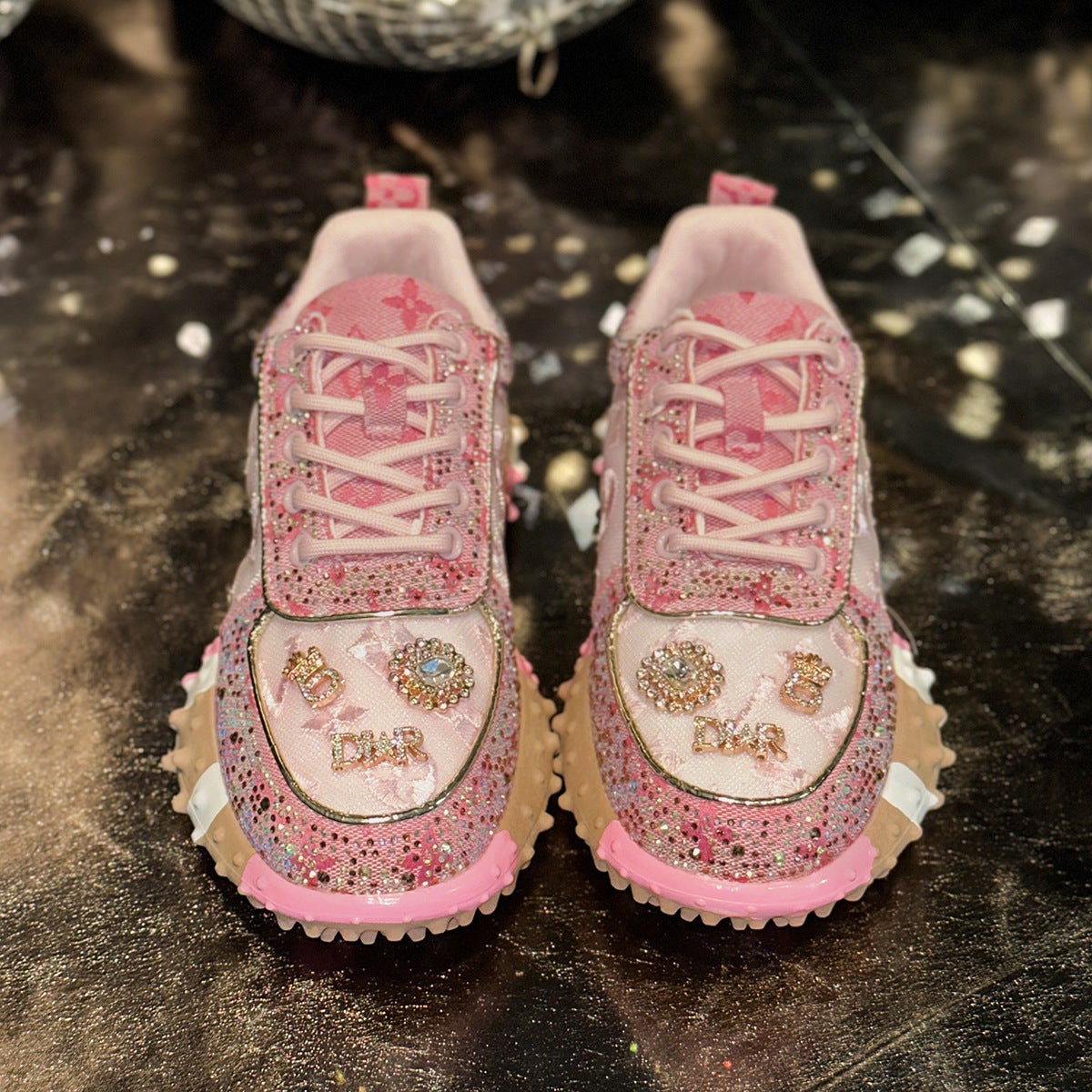 Women’s Lumira Embroidered Letter Mesh Platform Sneakers – Rhinestone Detail Chunky Sole Light Luxury Fashion Sneakers (US 4–10.5)
