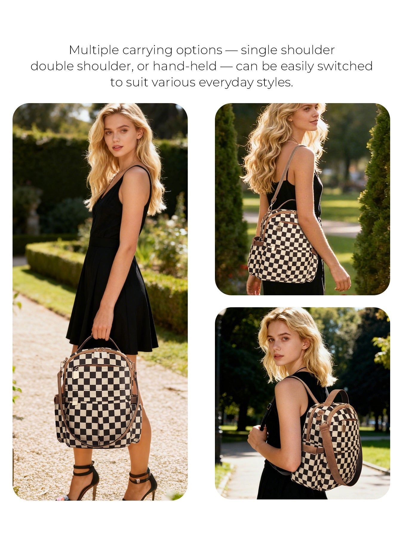 Ounamei Checkered Backpack Purse for Women | Anti-Theft Travel & Work Bag with Matching Pouch