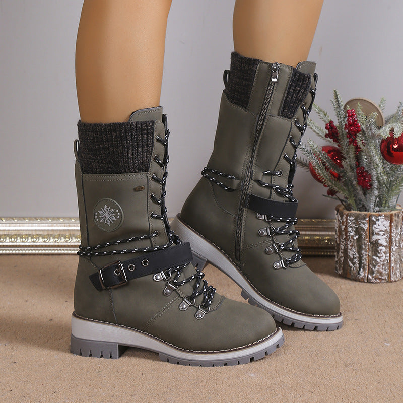 Women's Nordic Knit Combat Boot - High-Shaft Thermal Cotton Lined Snow Boots with Block Heel & Leather Accents Design (US 5-10.5)