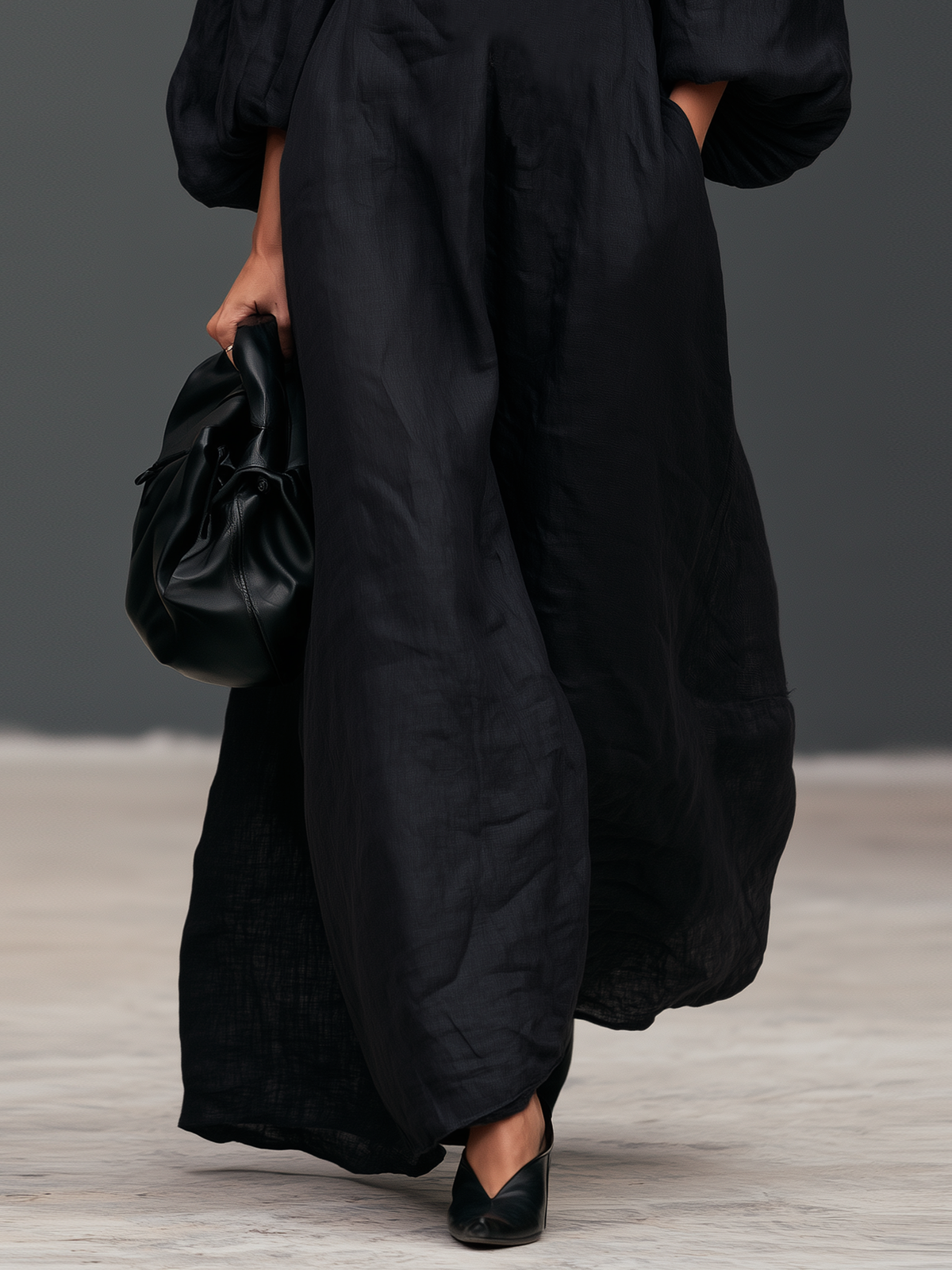 Women's Vintage Linen-Blend Embroidered Lantern-Sleeve Maxi Dress With Mock Neck MDZ1998H7WY