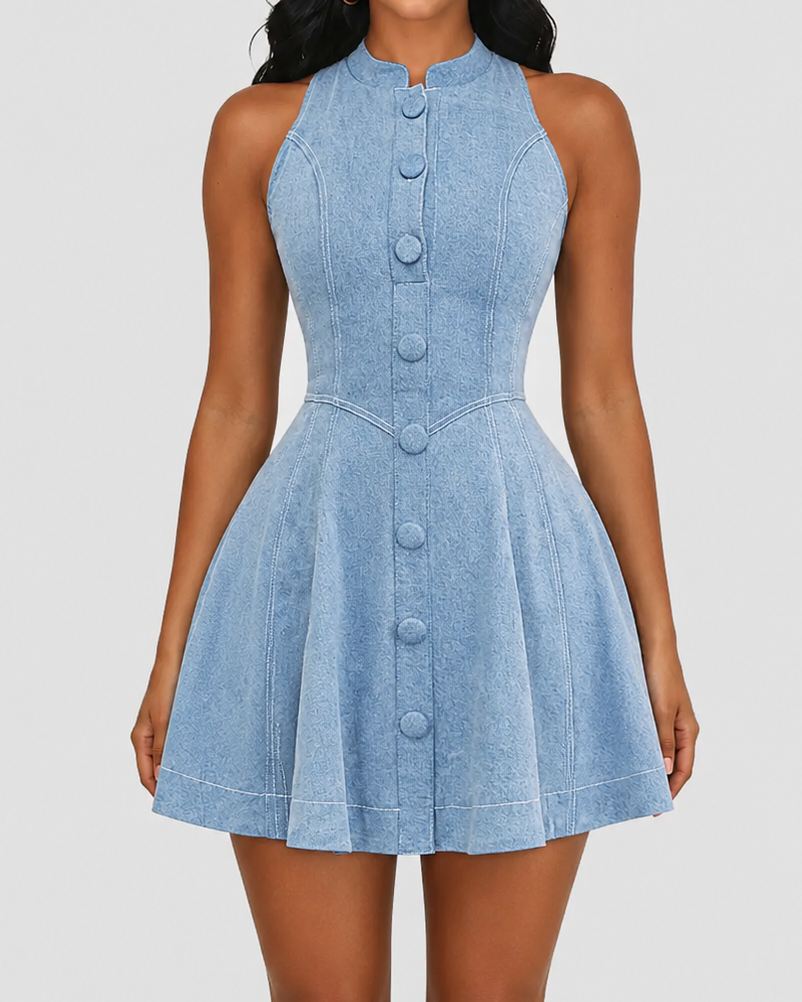 Stand Collar Sleeveless Button Denim Mini Dress with Pockets  - By Qivii
