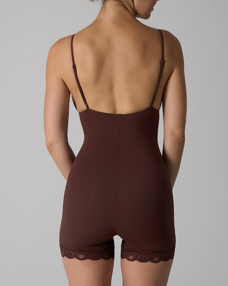 Triangle Cup Seamless Suspenders Shapewear Bodysuit With Lace Trim  - By Qivii