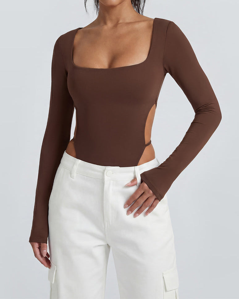 Square Neck Long Sleeve Backless Thong Slim Fit Bodysuit