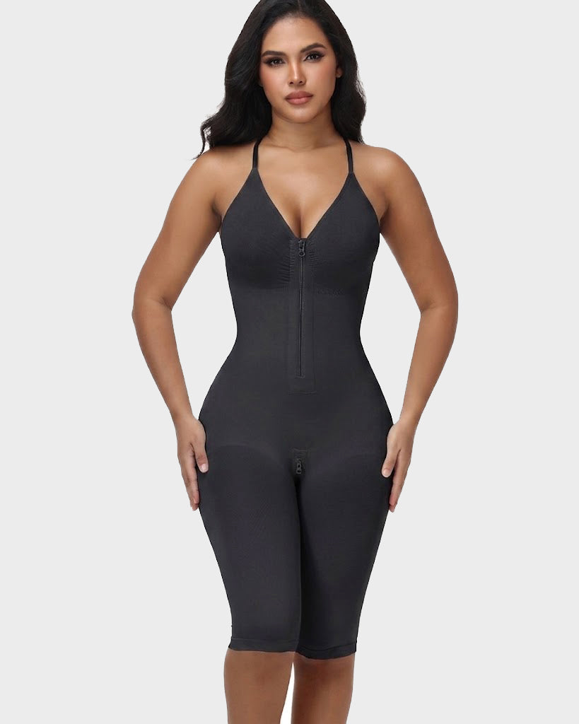V Neck Front Zip Crisscross Back Knee Length Tummy Contro Bodysuit Butt Lifting Shaper