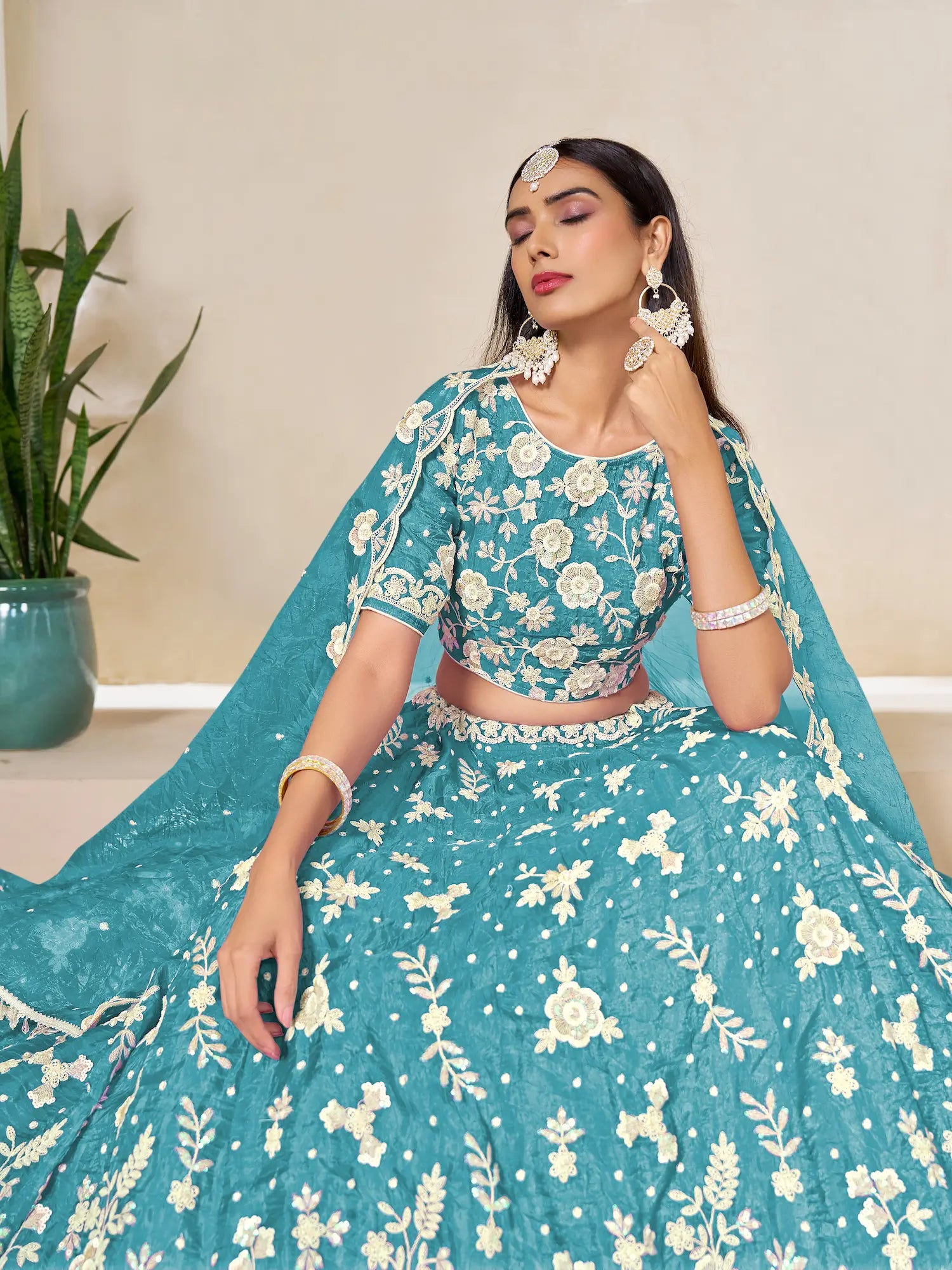 Sea Blue Gold Crush Embroidery Lehenga Choli - qivii