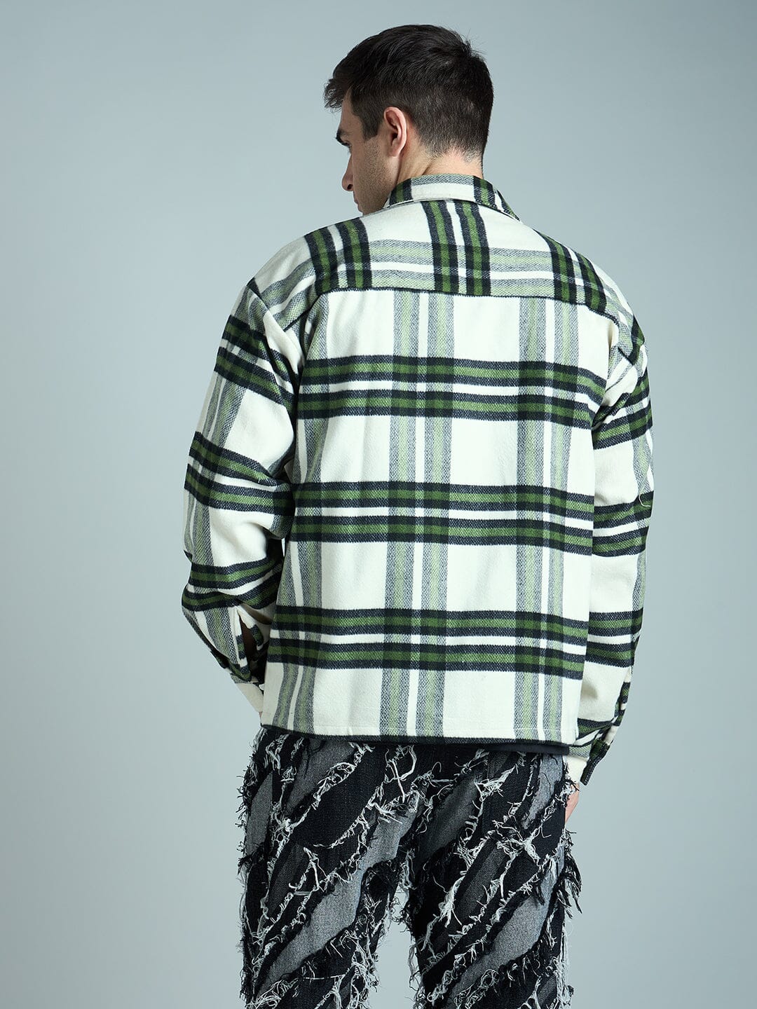Off White & Olive Checkered Tweed OverShirt - qivii