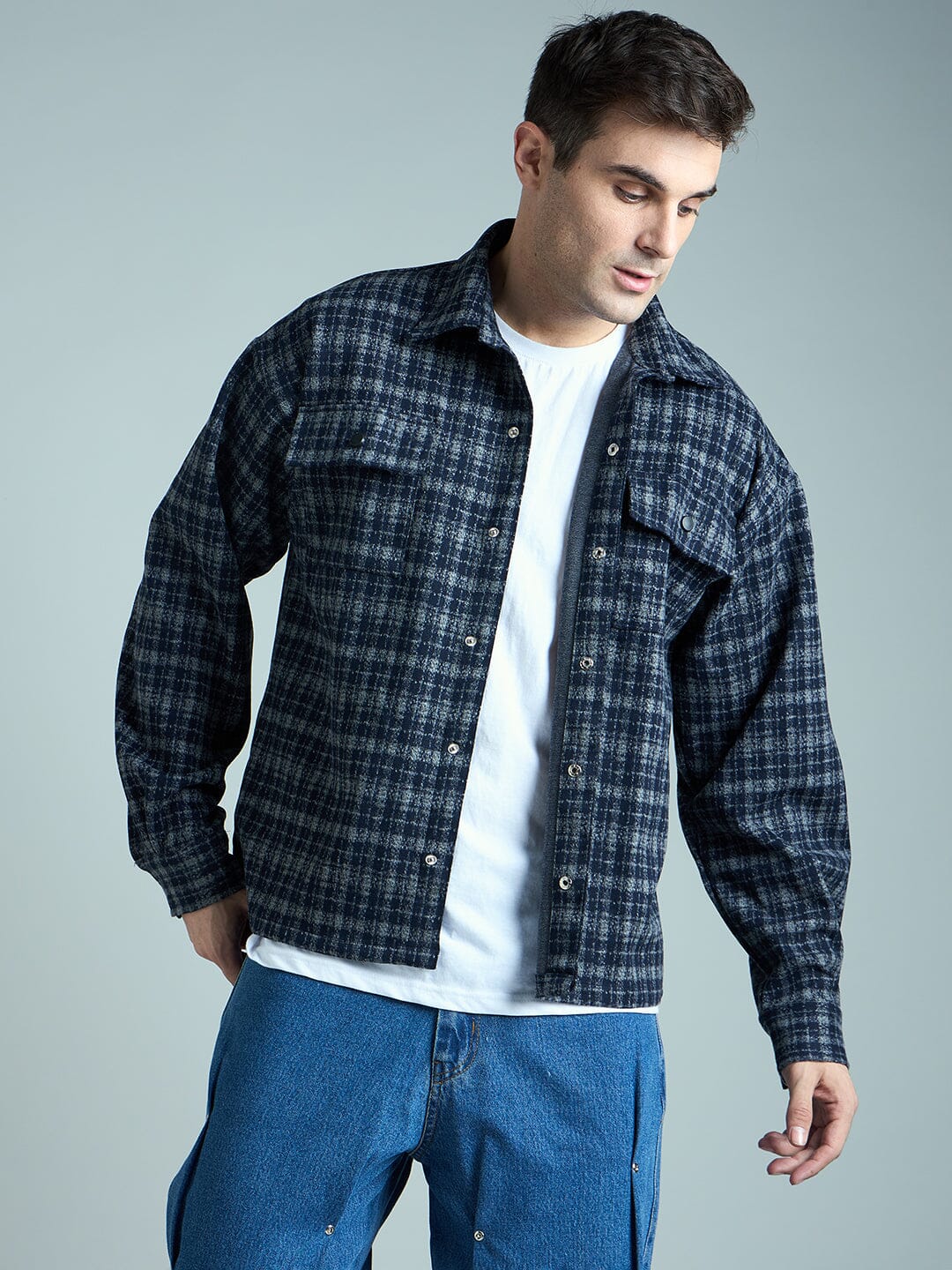 Charcoal & Navy Checkered Tweed OverShirt - qivii
