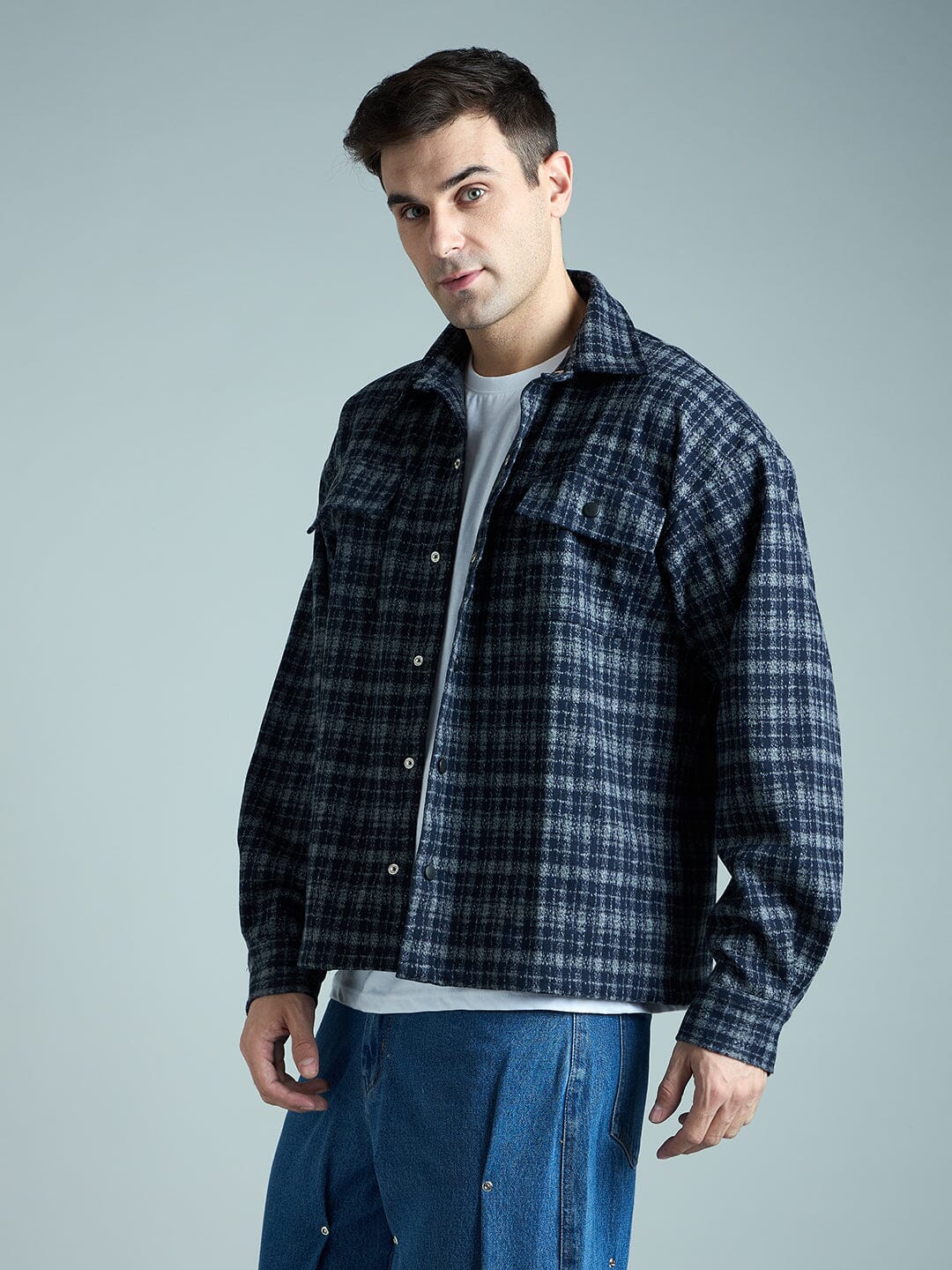 Charcoal & Navy Checkered Tweed OverShirt - qivii