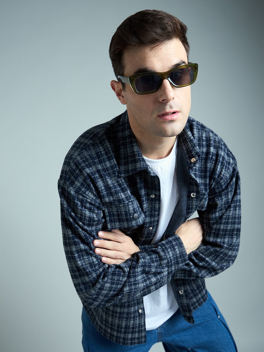 Charcoal & Navy Checkered Tweed OverShirt - qivii